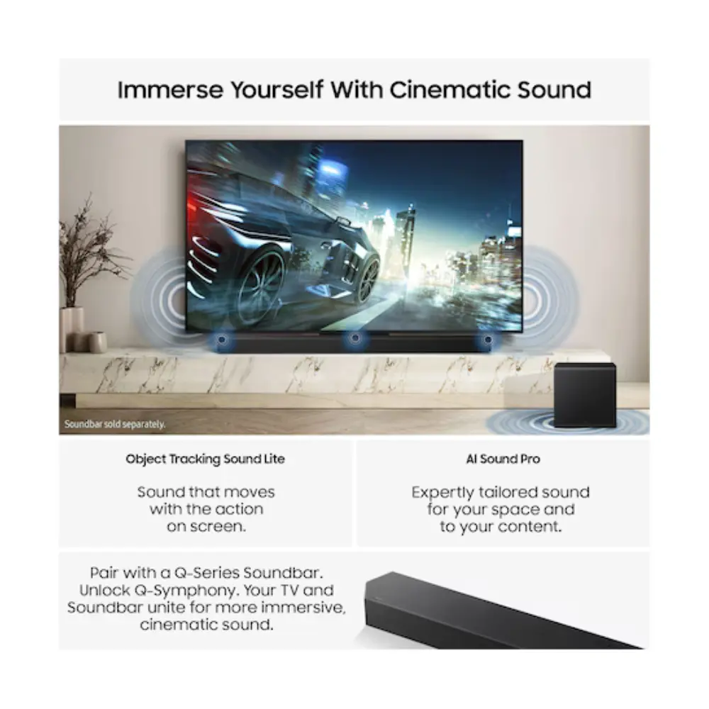 Cinematic sound setup with TV screen graphic and two black speaker units