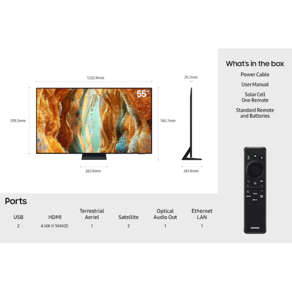 55-inch TV measurement diagram with included remote control and port labels
