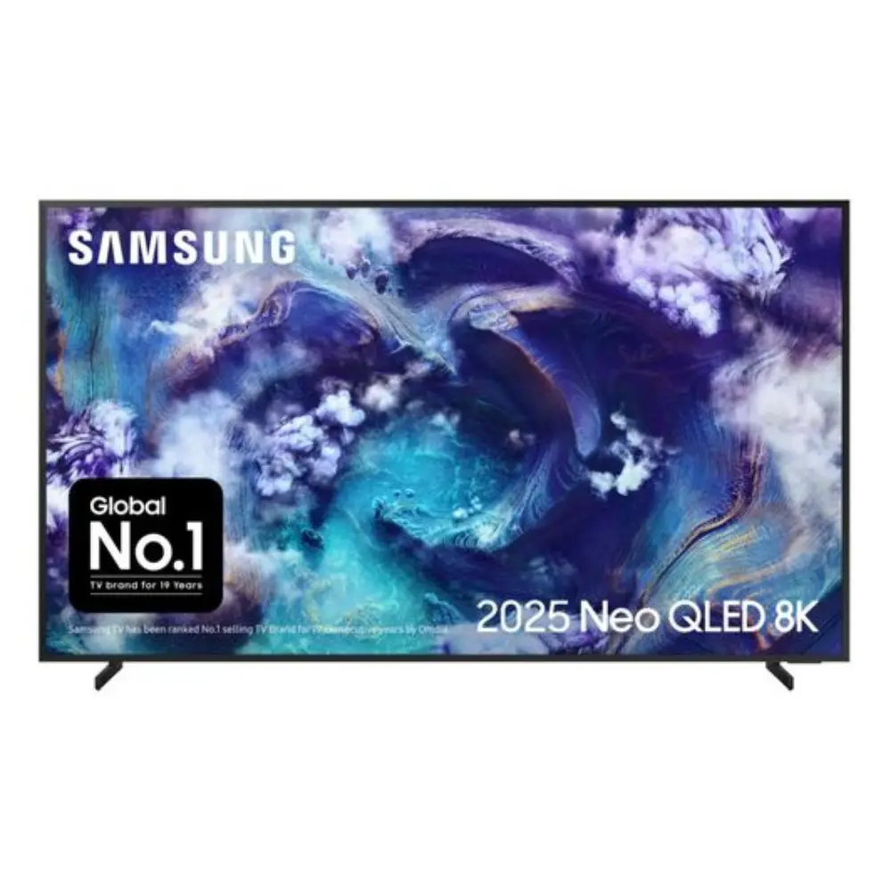 SAMSUNG Neo QLED 8K smart TV with slim bezel and stand, front view