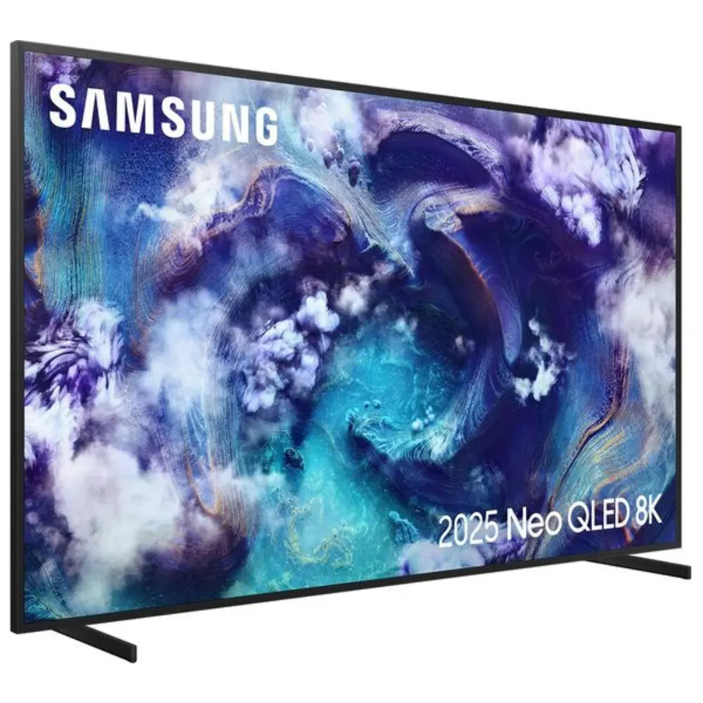 SAMSUNG Neo QLED 8K smart TV angled on stand, dark screen display