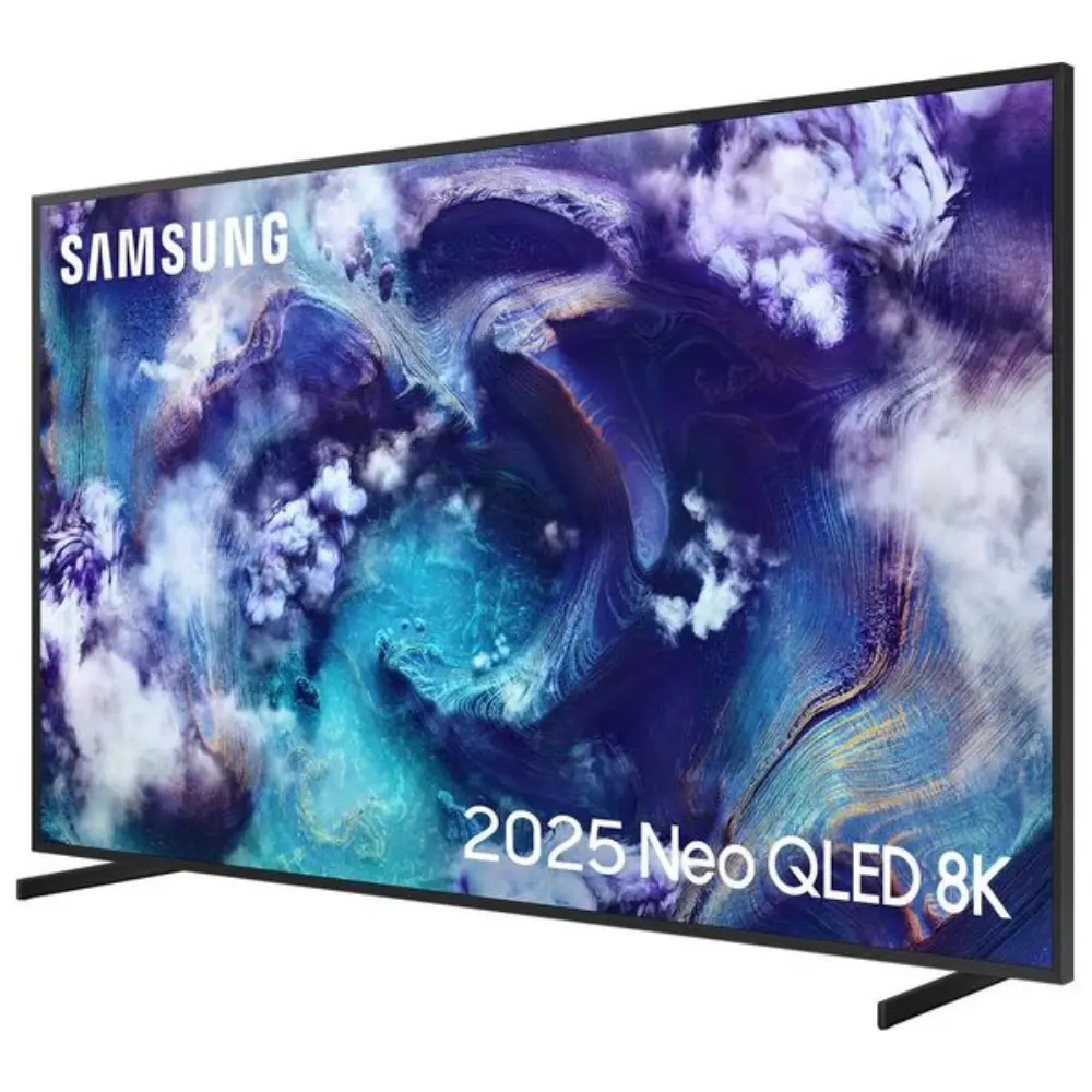 SAMSUNG Neo QLED 8K smart TV front view with side profile and feet
