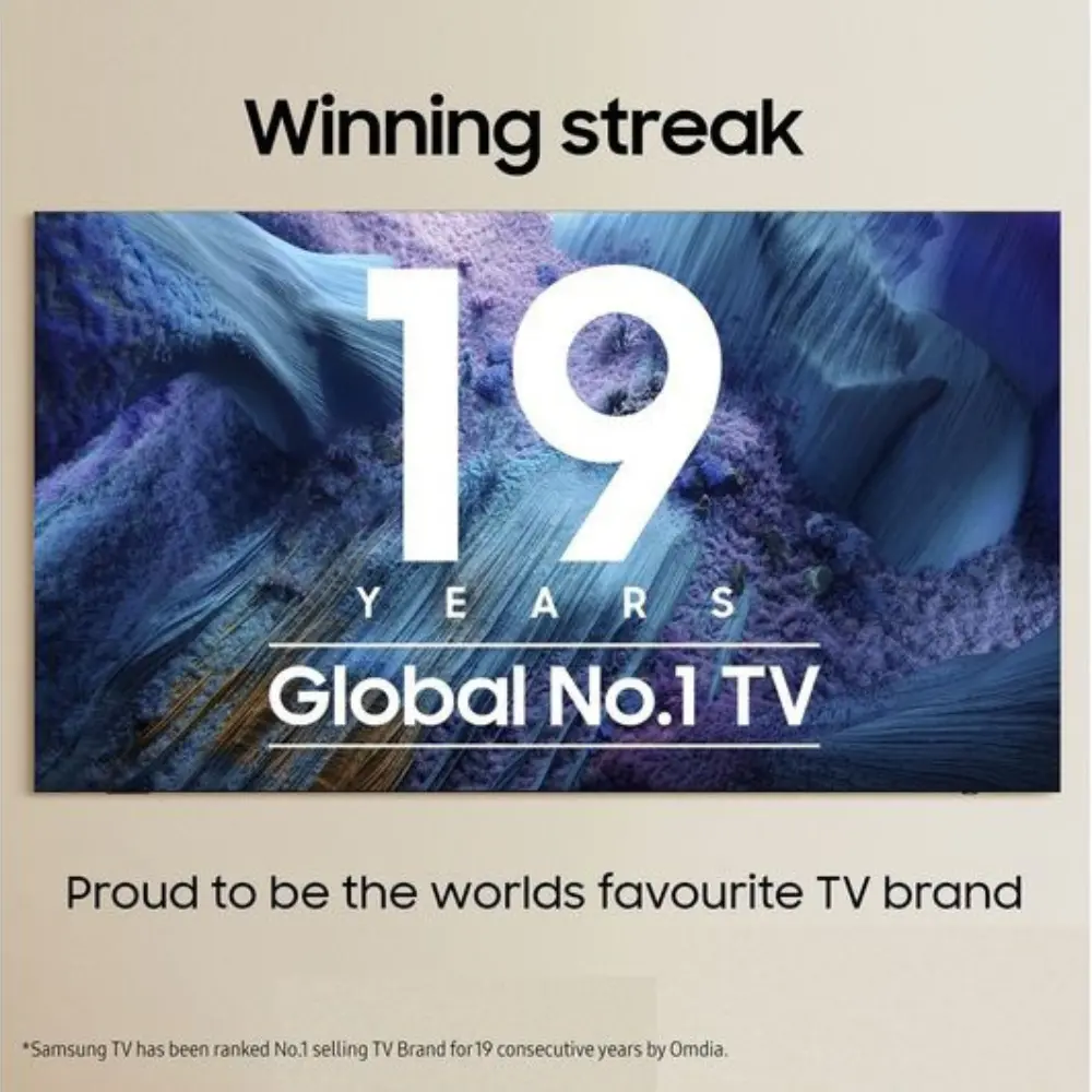 SAMSUNG Neo QLED 8K smart TV with promo text and number 19 on screen
