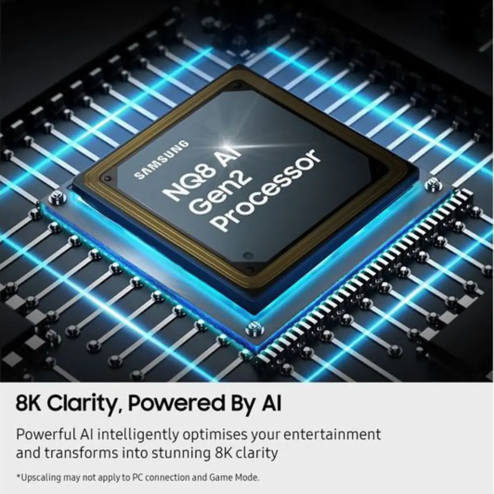 Neo Q8A processor chip illustration for 8K smart TV, blue circuit background