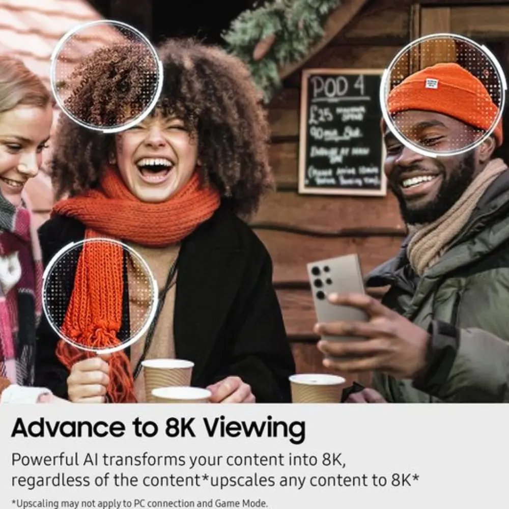 Smart TV 8K viewing feature graphic with people outdoors and orange scarf