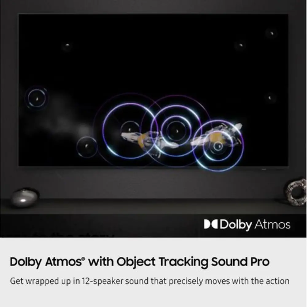 SAMSUNG smart TV audio object tracking illustration with Dolby Atmos label