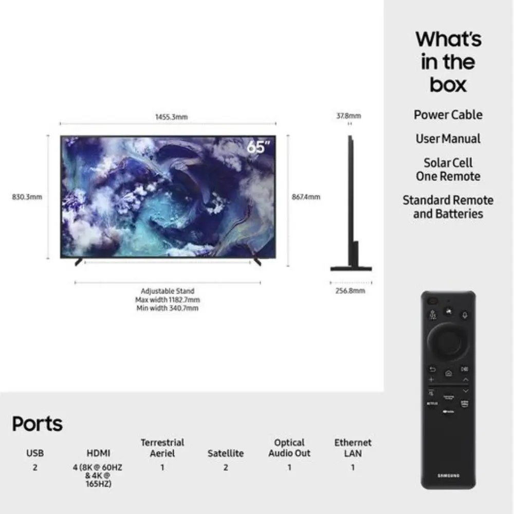 65-inch Samsung Neo QLED 8K smart TV, slim black bezel with tabletop stand