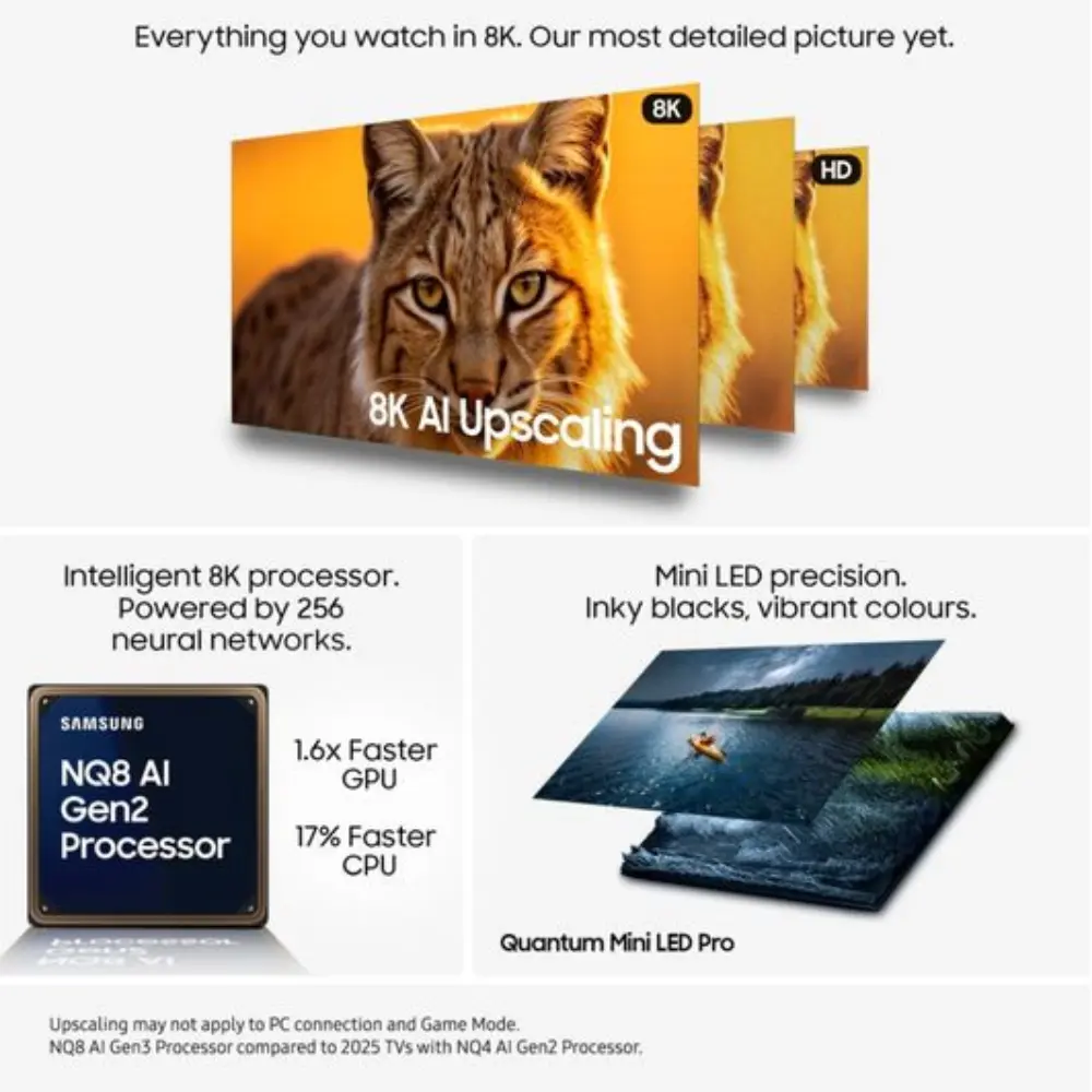 Samsung smart TV display with animal image and 8K AI upscaling graphic overlays