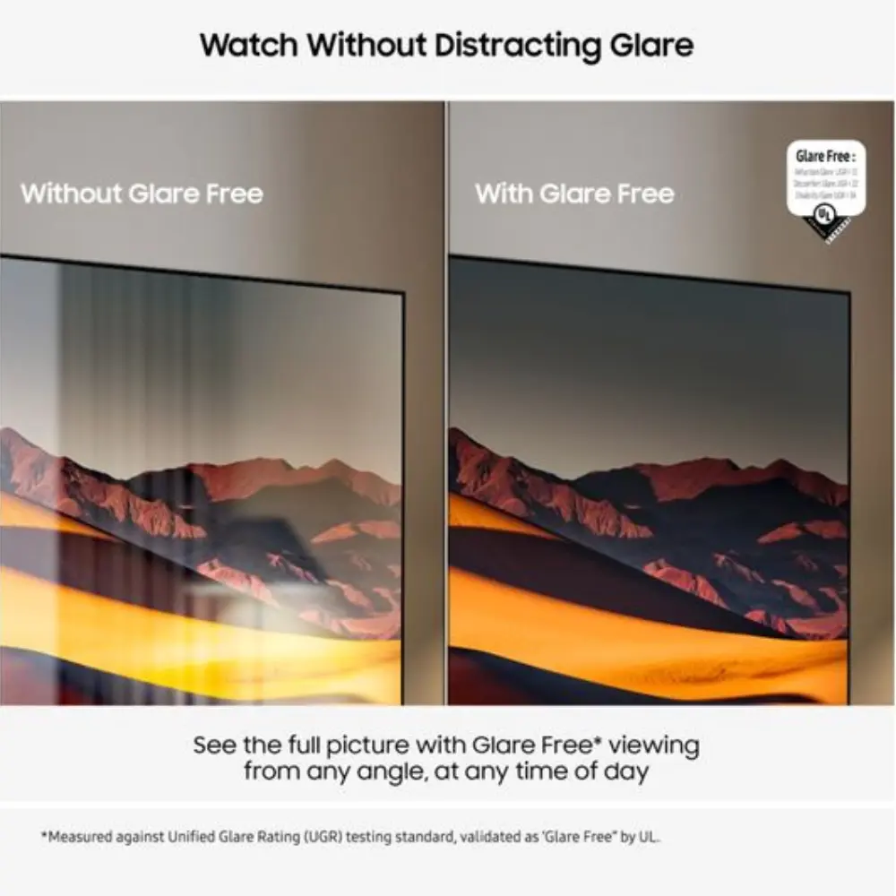 Samsung smart TV showing glare-free view comparison on two side-by-side screens
