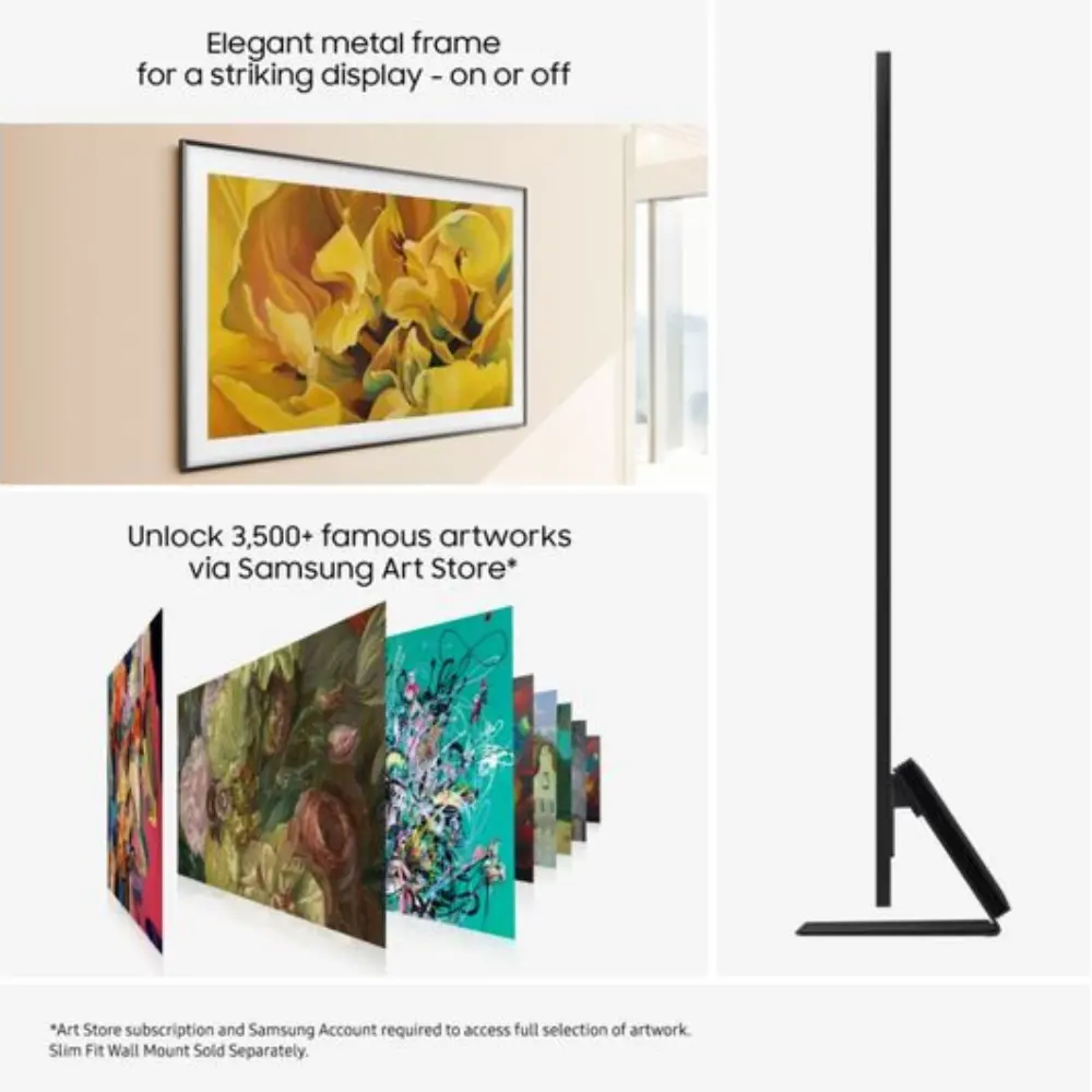 Samsung smart TV with thin metal frame, illustrated wall-mount viewing angle