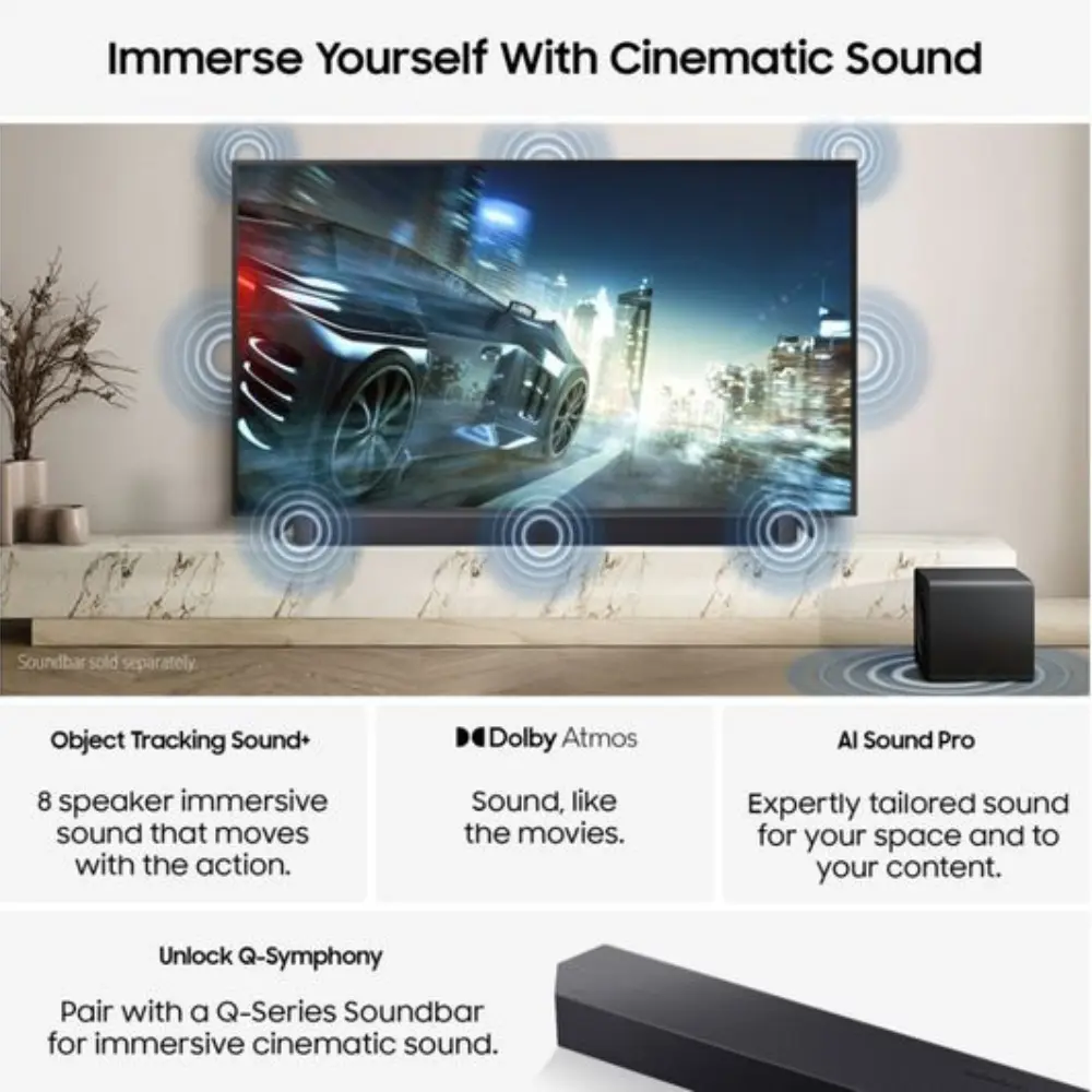 Samsung smart TV marketing graphic for cinematic sound with soundbar and audio icons