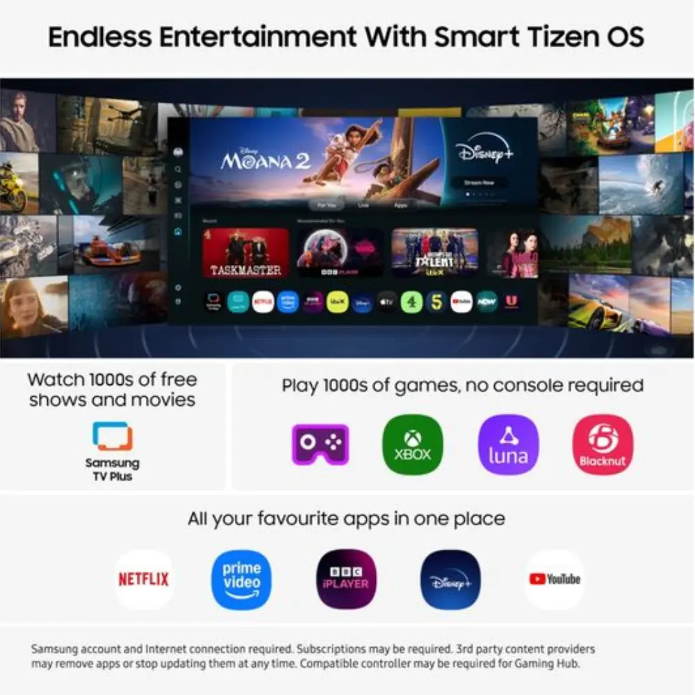 Samsung smart TV home screen with Smart Tizen OS app tiles and streaming icons