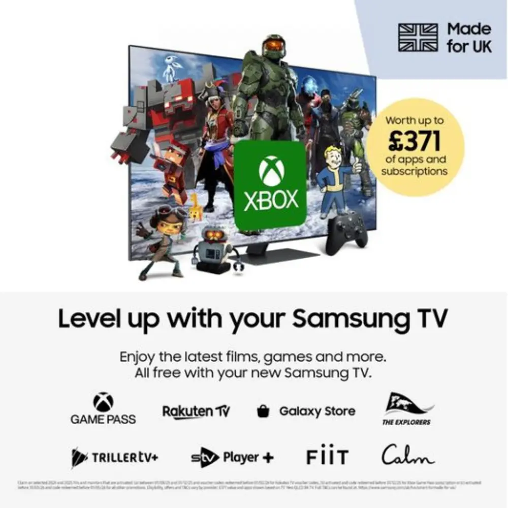 Samsung smart TV promo graphic with Xbox branding and game app subscription icons