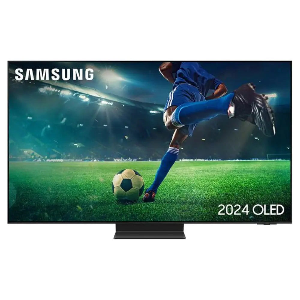 65-inch OLED smart TV with slim stand, showing a soccer scene on screen
