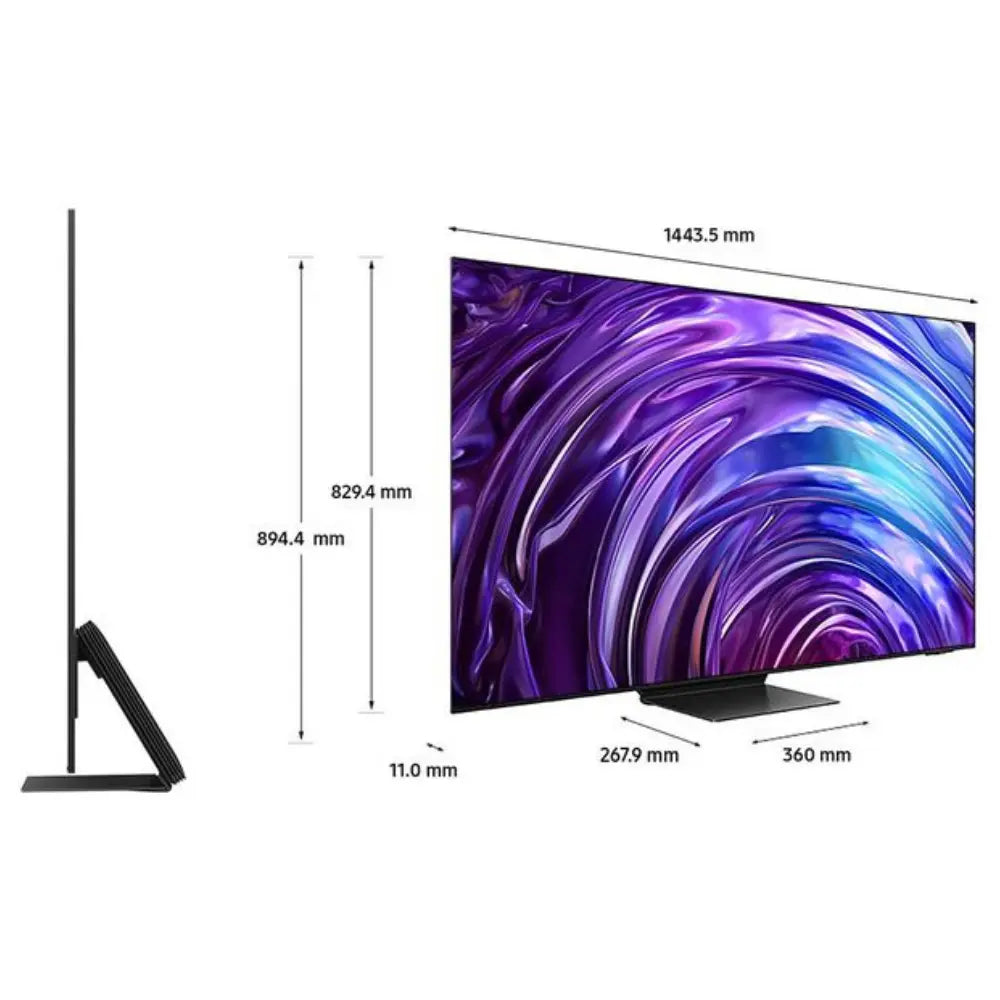 Slim OLED smart TV side view with stand and size dimensions