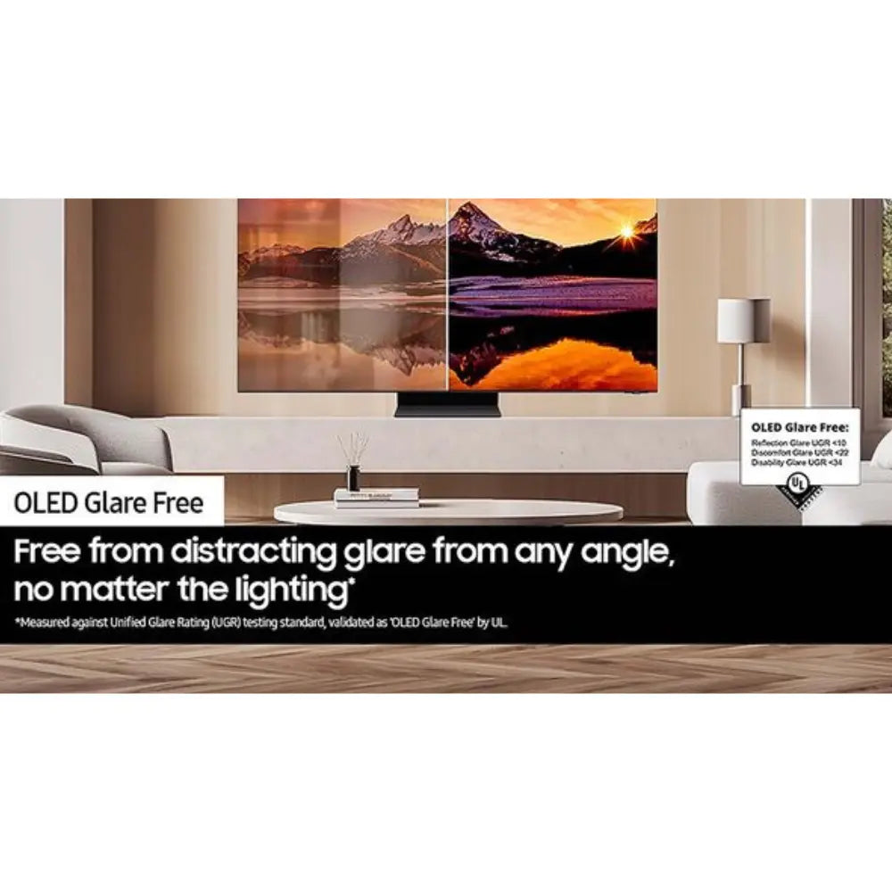 Wall-mounted OLED smart TV displaying a landscape scene in a living room