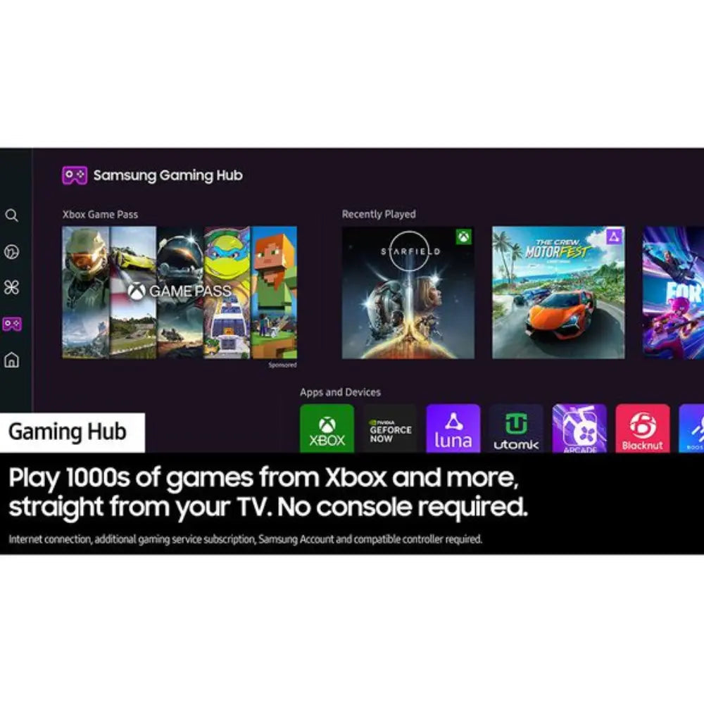 OLED smart TV gaming hub screen with app icons and game tiles