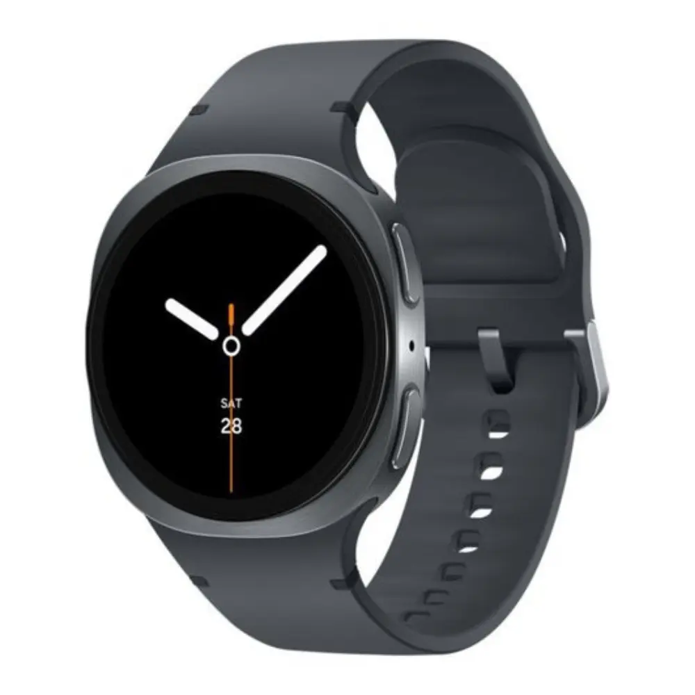 Graphite smartwatch with dark round display and orange-accent hands; black silicone band