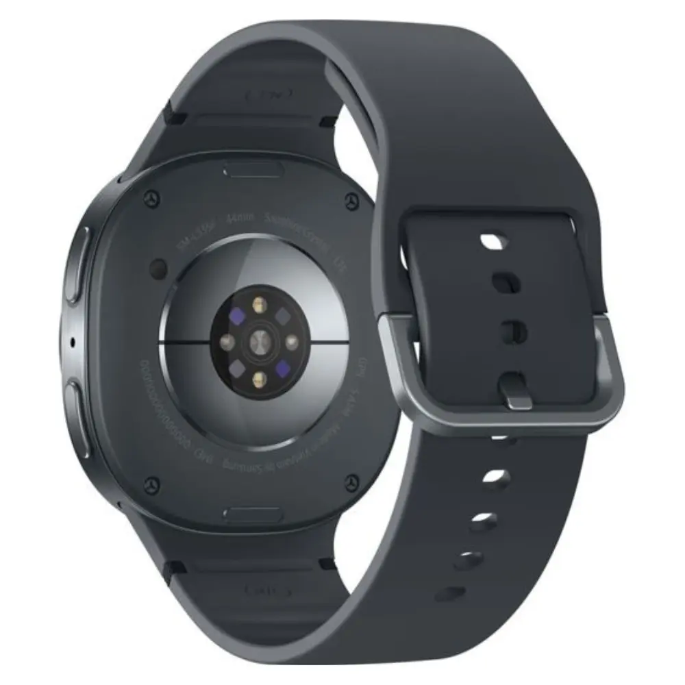 Graphite smartwatch back view with circular sensor array and black silicone band
