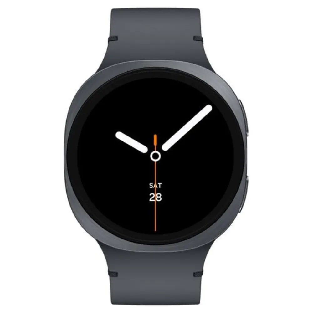 Graphite smartwatch front view with black round face and orange-accent clock hands
