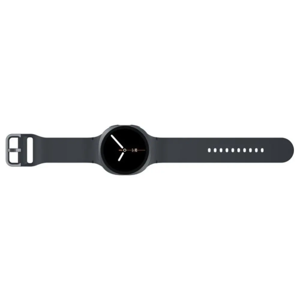 Graphite smartwatch side view with black strap, clasp, and raised bezel around display