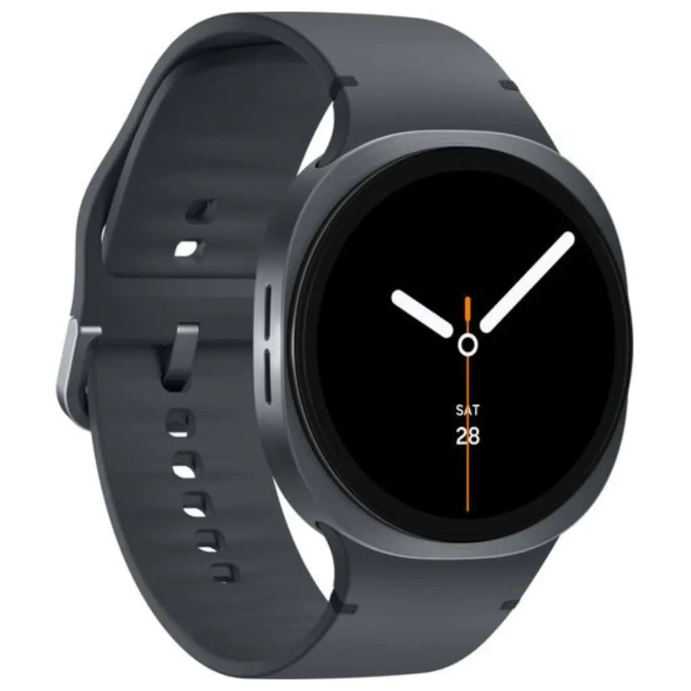 Graphite smartwatch angled view with dark face, orange-accent hands, and black strap
