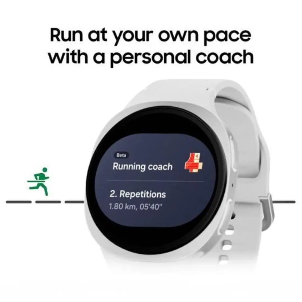 Light-gray smartwatch with dark round display and black-running graphic; light strap