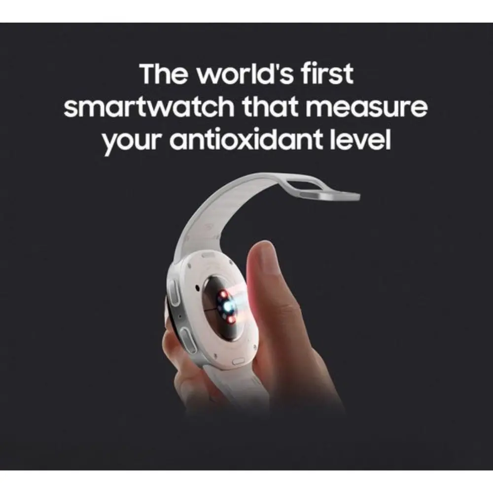 Smartwatch with dark face and colorful sensor-like icon; light watch body