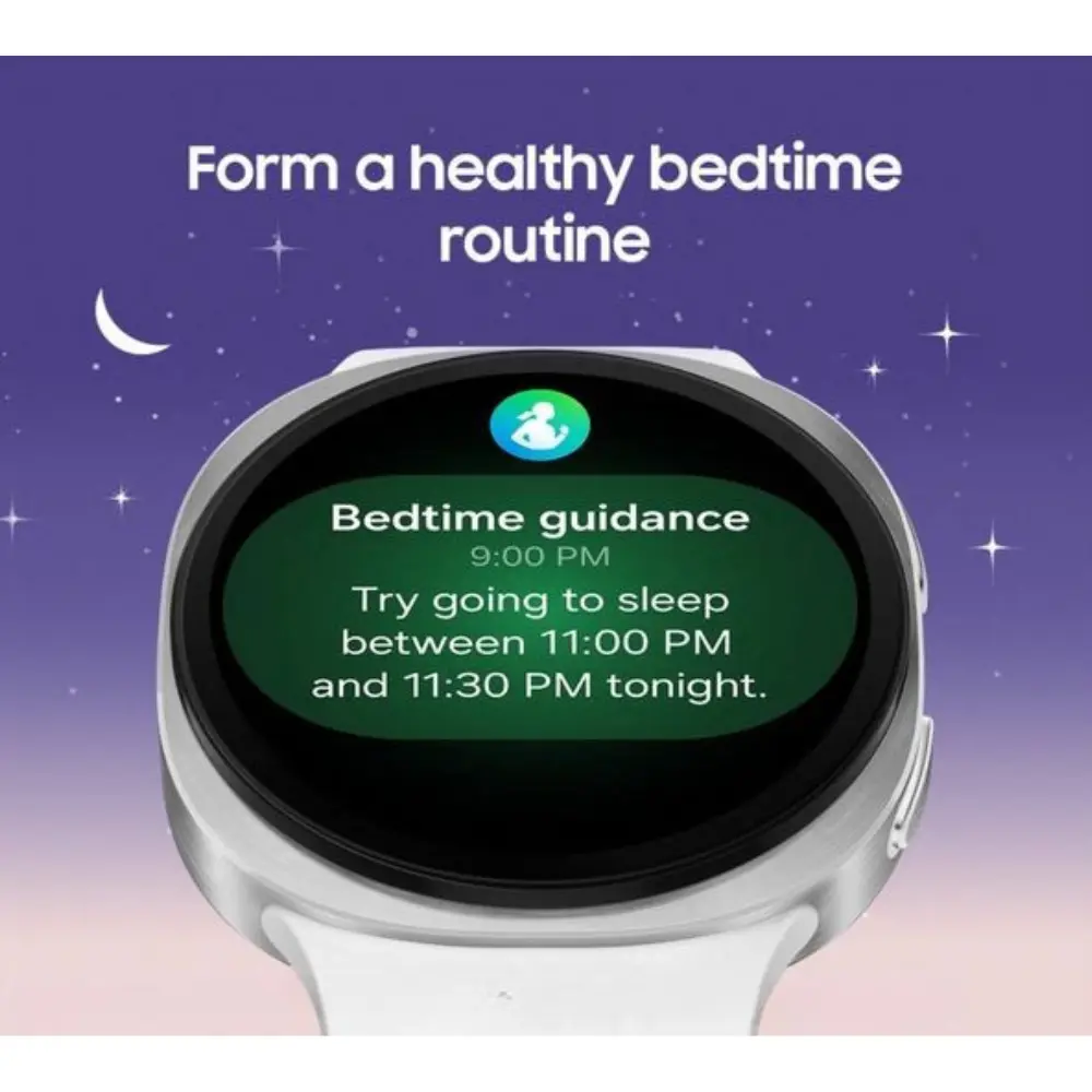 Smartwatch with dark round display showing green bedtime guidance screen and moon icon