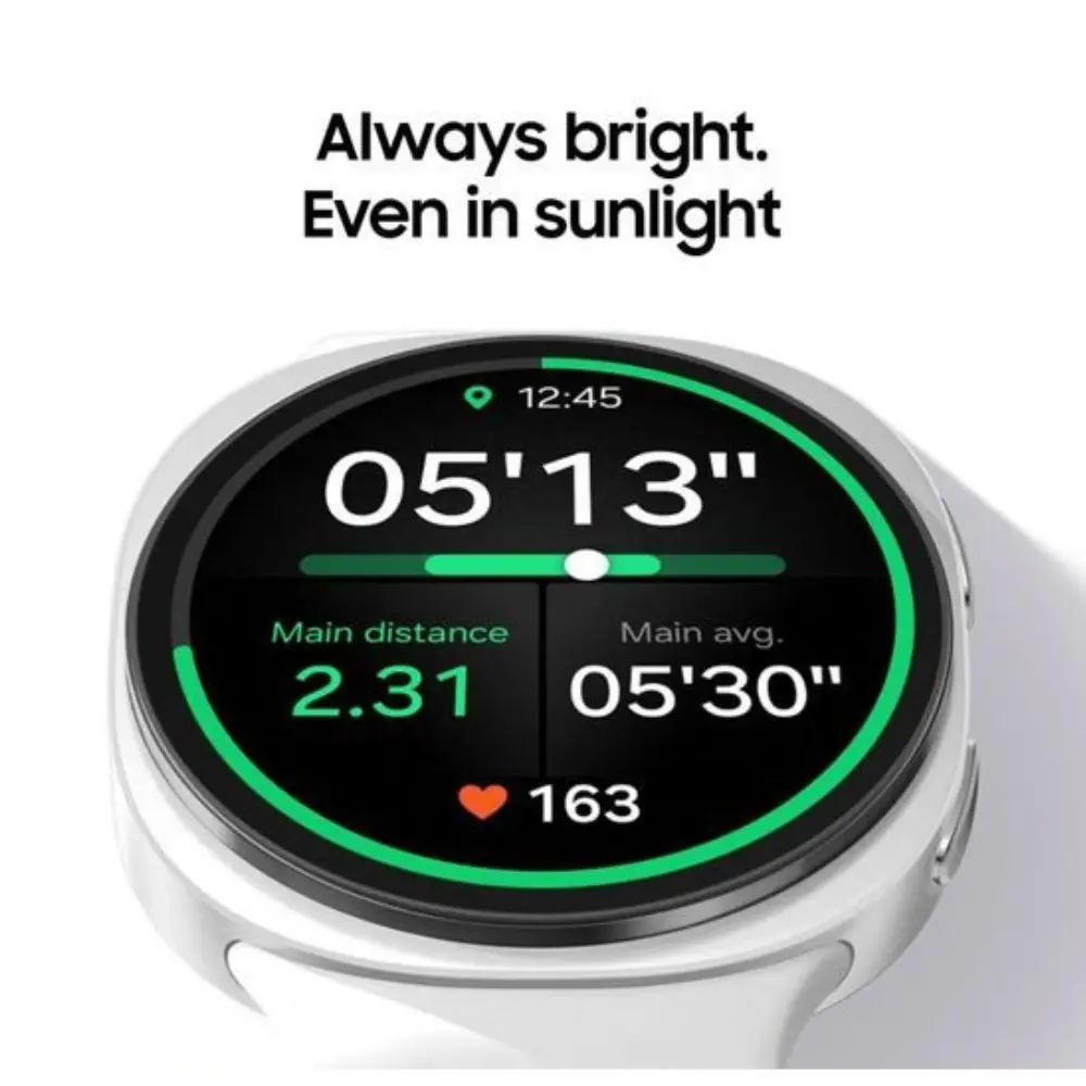 Graphite round smartwatch with black display and green activity ring, 40 mm