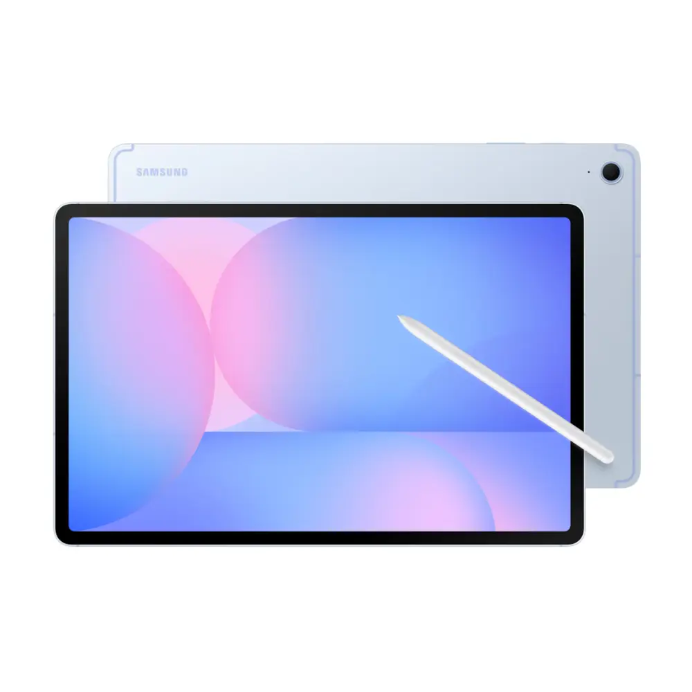 SAMSUNG Galaxy Tab tablet with blue display and white stylus, front view