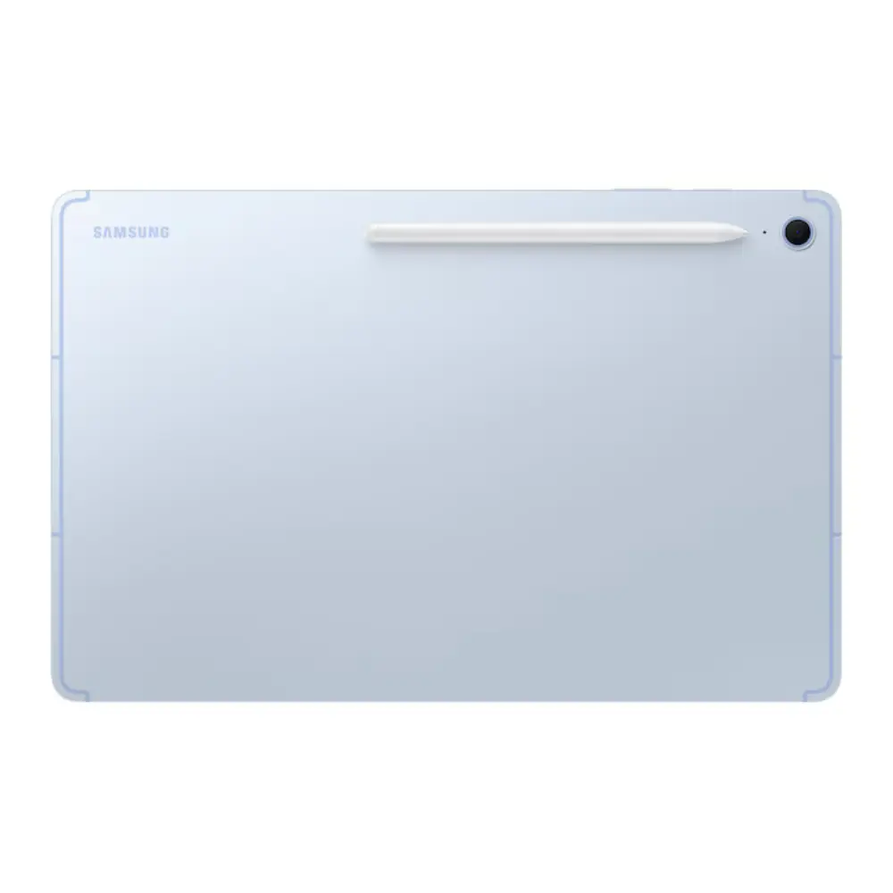 Blue tablet back with SAMSUNG logo and white stylus, rear view