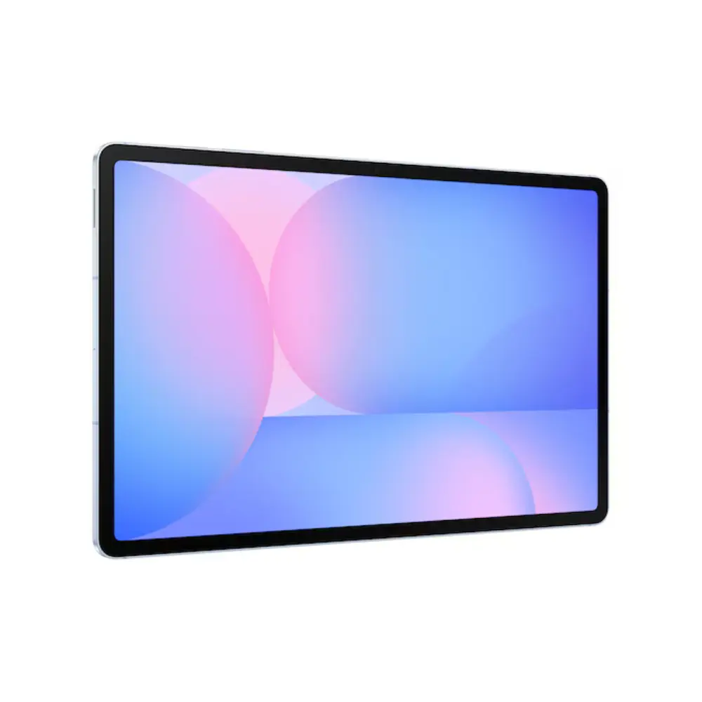 Blue Samsung tablet with colorful screen and black bezel, front view