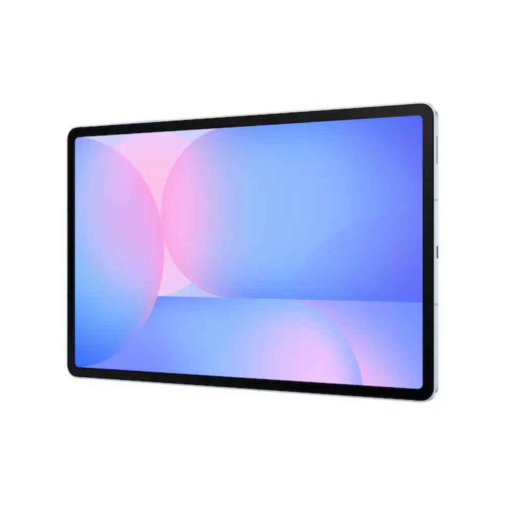 Blue Samsung tablet with colorful display and slim black bezel, front view
