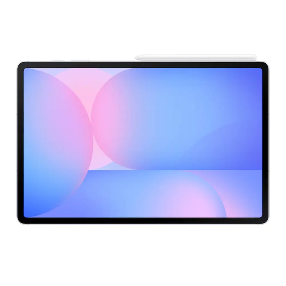 Blue tablet with colorful display and slim black bezel, front view