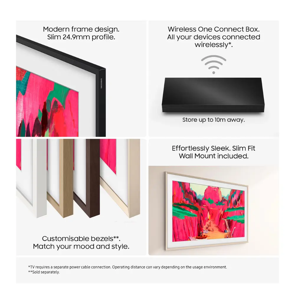 Slim black frame art TV with slim profile and one connect box illustration.
