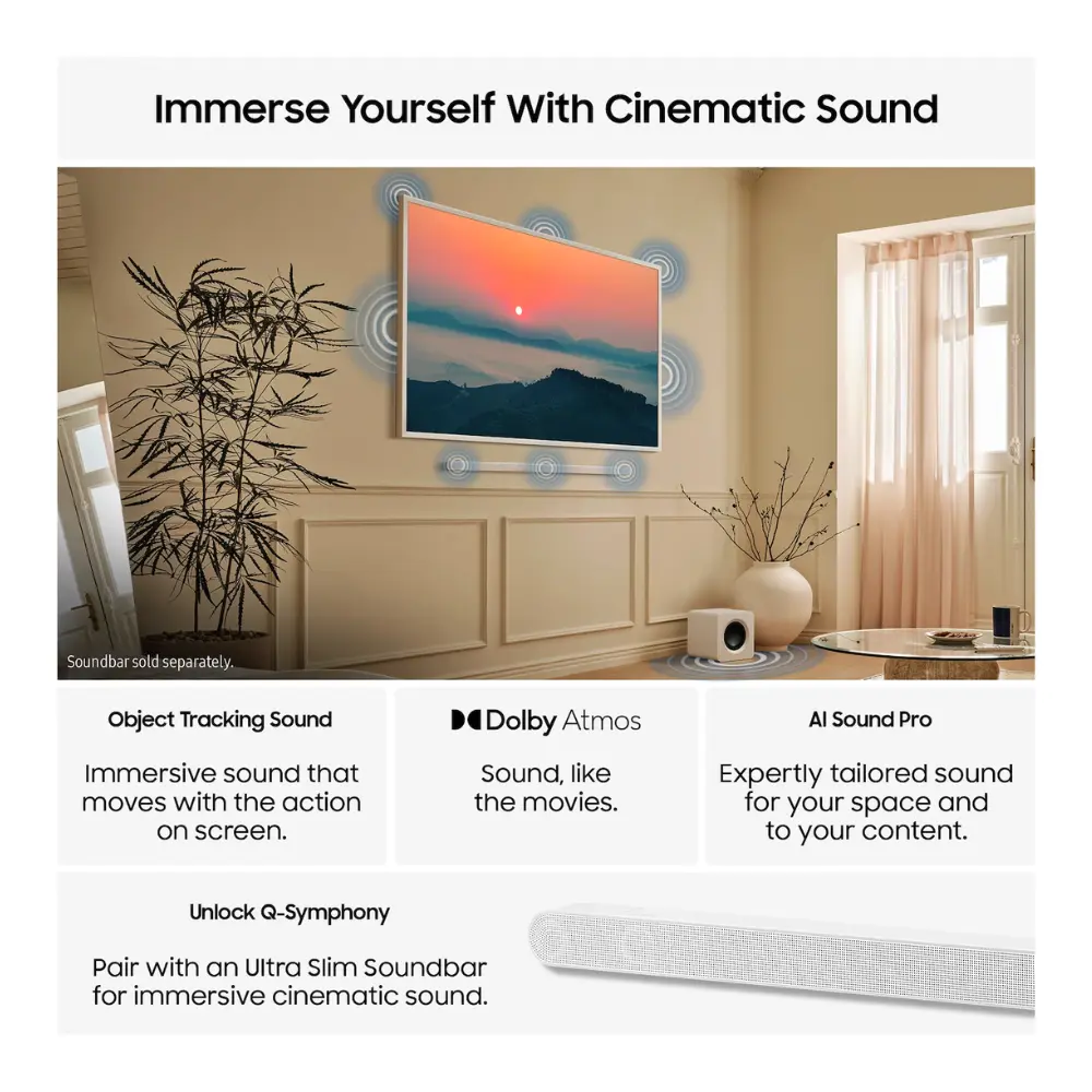Art TV on a wall with cinematic sound graphics and a compact wireless soundbar.