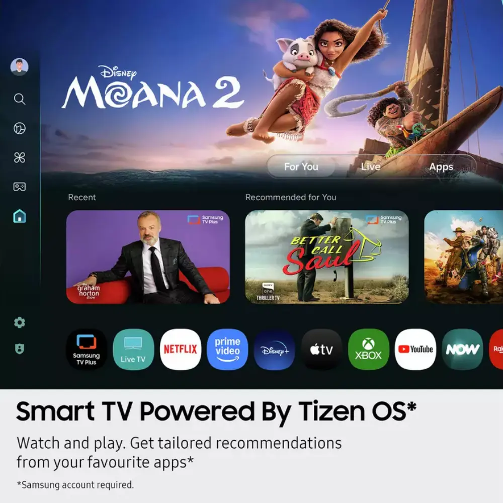 24-inch Samsung LED TV showing Smart TV home interface; slim bezel, front view