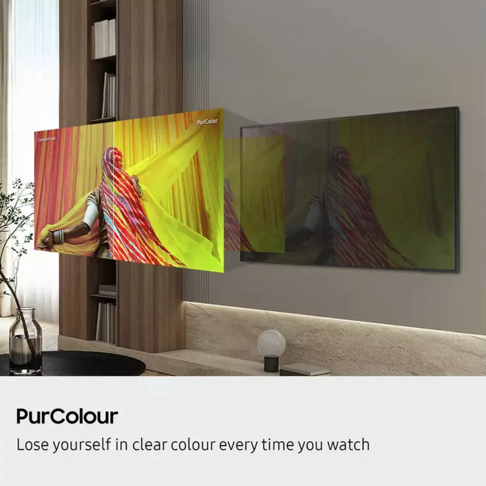 Wall-mounted 24-inch Samsung LED TV with vivid color display; slim flat screen