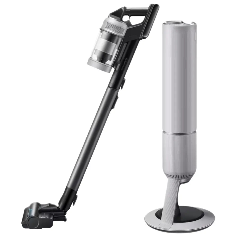 Samsung cordless stick vacuum cleaner with floor nozzle and charging stand, gray/black