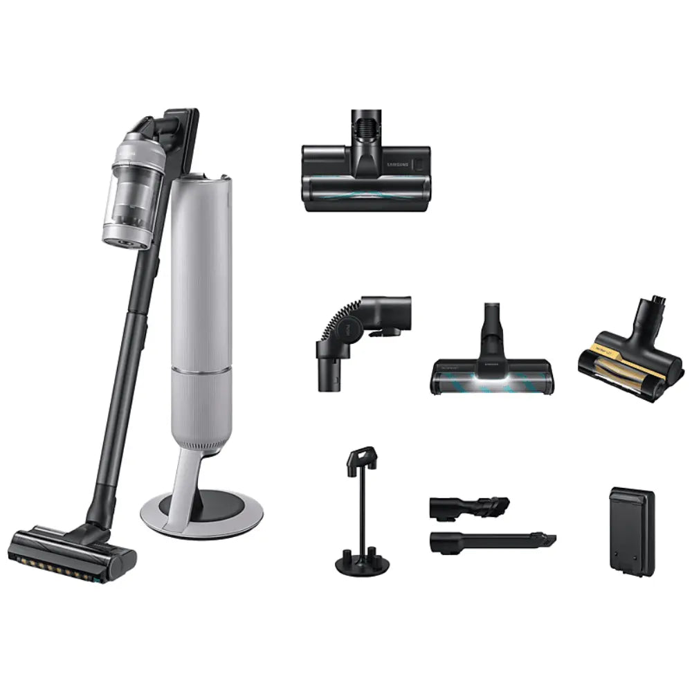 Cordless stick vacuum cleaner kit with multiple brush attachments and base, gray/black