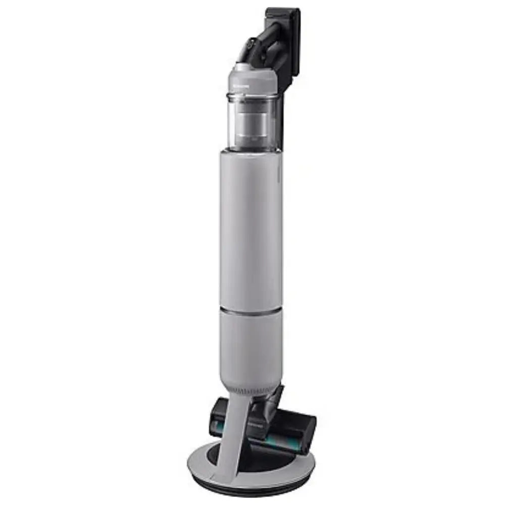 Cordless stick vacuum cleaner on round base with floor nozzle, light gray body