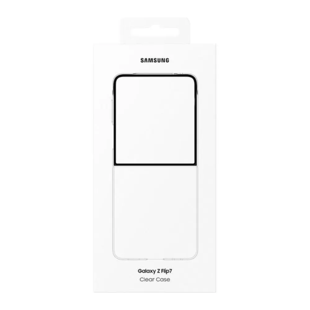 Clear Galaxy Z Flip7 phone case in retail packaging with Samsung branding