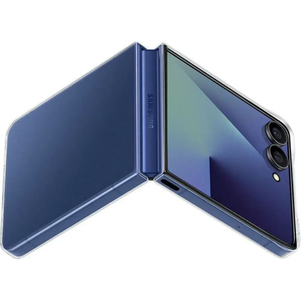 Clear foldable phone case, open view with hinge area and camera cutouts