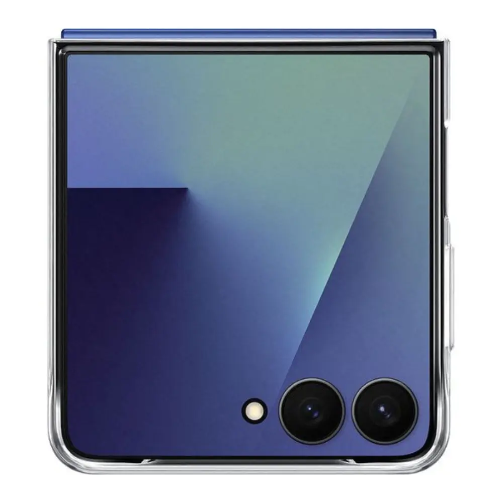 Clear case back view with dual camera cutouts and hinge supports