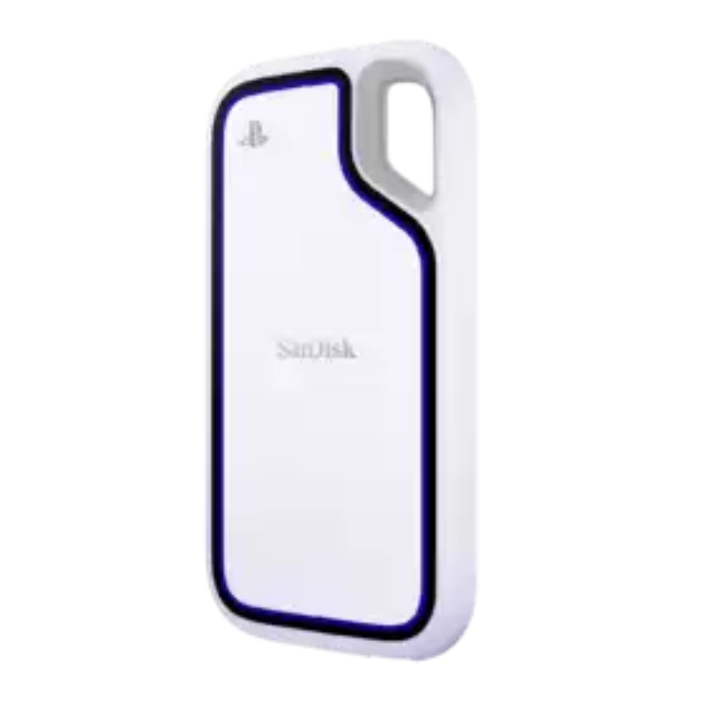 Portable SSD with light gray case, blue outline, and handle cutout