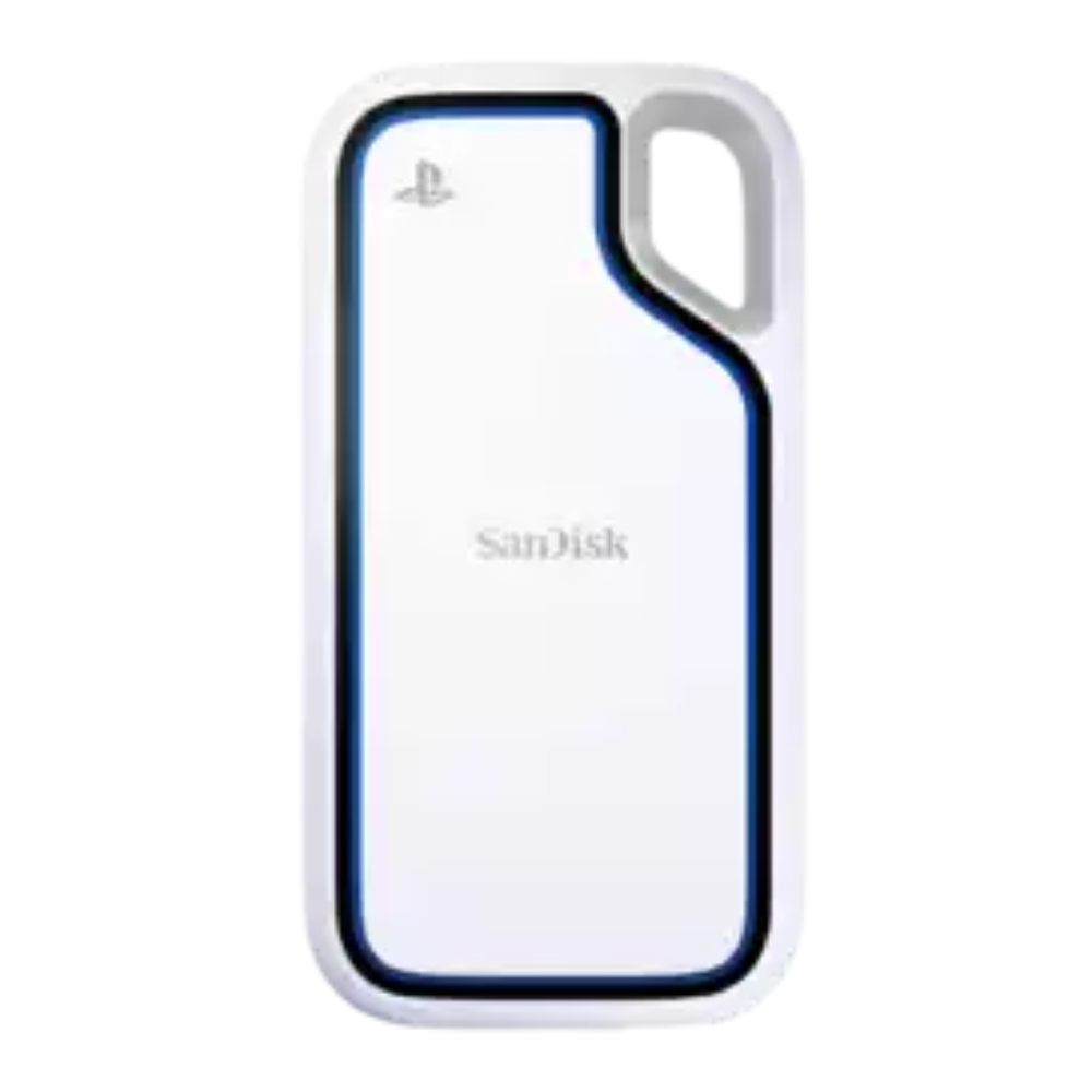 Portable SSD with SanDisk logo, light gray case, blue outline, and handle cutout
