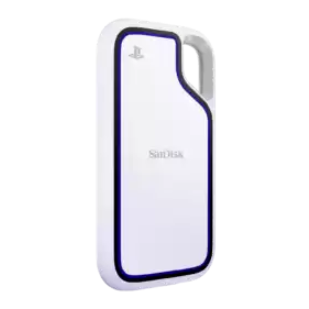 Portable SSD with PS and SanDisk logos, light gray case, blue outline, handle cutout
