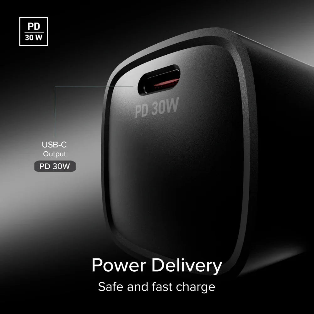 Black USB-C wall charger showing PD 30W output with USB-C port