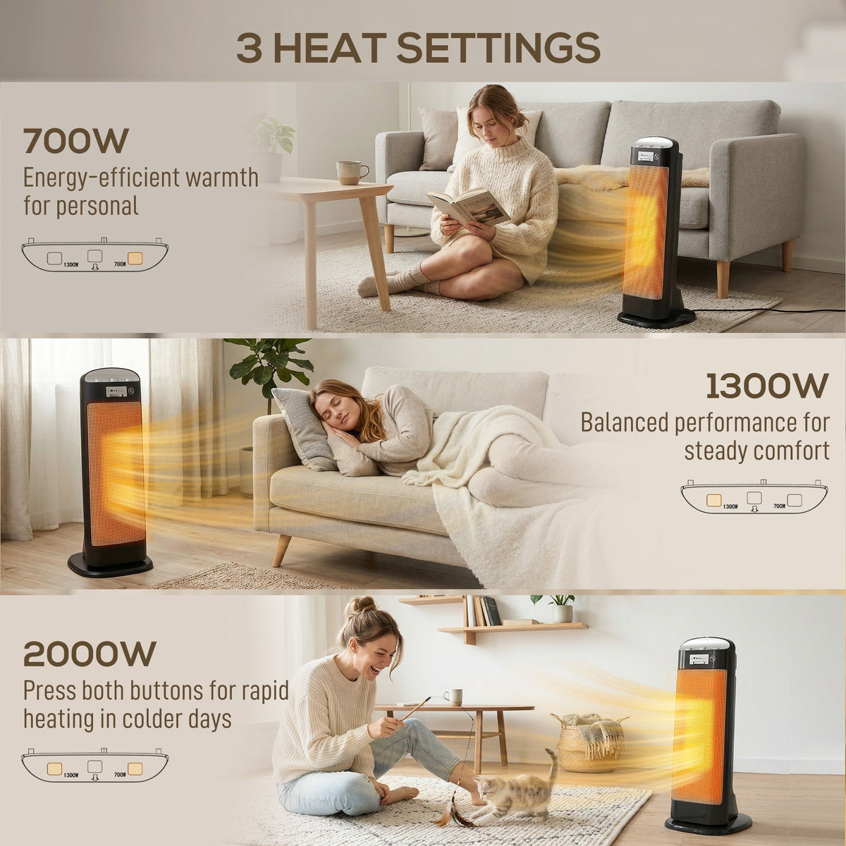 Black ceramic space heater with illuminated heating element and compact tower design