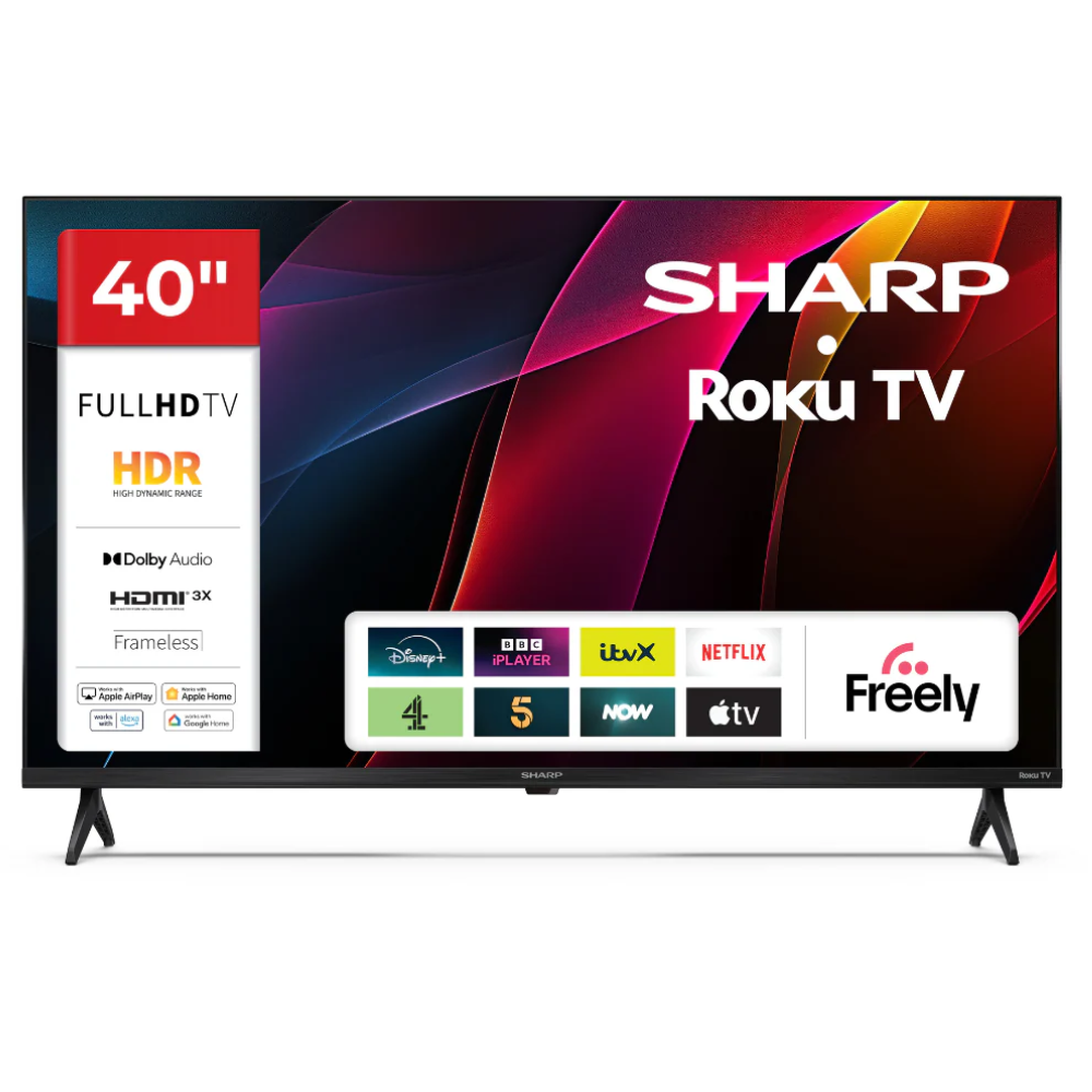 SHARP 40-inch Full HD Smart Roku TV with stand, front view and streaming icons